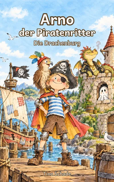 Cover von „Arno der Piratenritter: Die Drachenburg“: ein Junge mit Piratenhut und Umhang, ein Falke mit Mütze und eine Burg über dem Meer