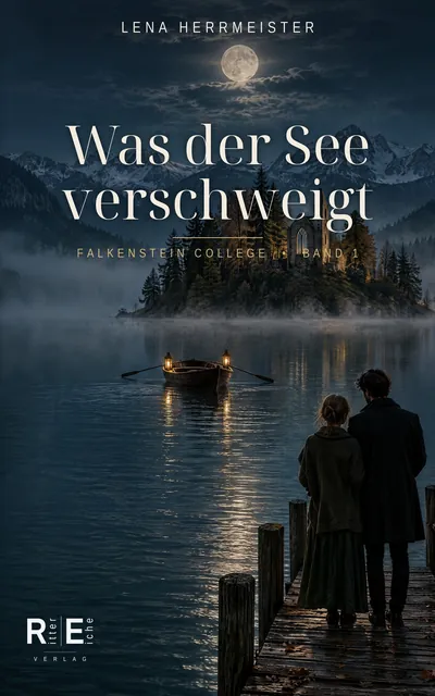 Cover von „Was der See verschweigt“: zwei Menschen auf einem Steg über einem See bei Vollmond