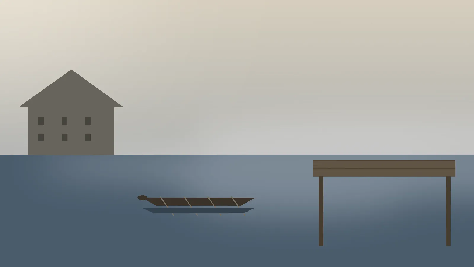 Ruderboot und Steg an einem See, am Ufer ein Haus – Motiv zur Reihe Falkenstein College